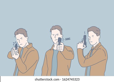 Selfdefense, criminal, shot, set concept. Dangerous young criminal takes gun, intented to kill. Serious killer took shot and hit target. Focused man pulled trigger in selfdefense . Simple flat vector