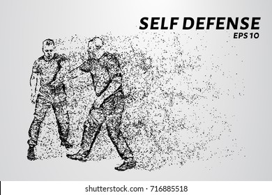 Self-defense of the particles. Man defends against attack with a knife. Silhouette of dots and circles. Vector illustration