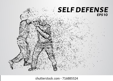 Self-defense of the particles. Man defends against attack with a knife. Silhouette of dots and circles. Vector illustration