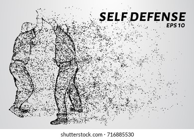 Self-defense of the particles. Man defends against attack with a knife. Silhouette of dots and circles. Vector illustration