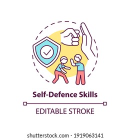 Self-defense skills concept icon. Practice fighting. Martial art classes. Protection from assault. Child safety idea thin line illustration. Vector isolated outline RGB color drawing. Editable stroke