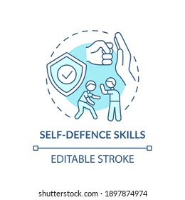 Self-defense skills turquoise concept icon. Practice fighting. Martial art classes. Child safety idea thin line illustration. Vector isolated outline RGB color drawing. Editable stroke