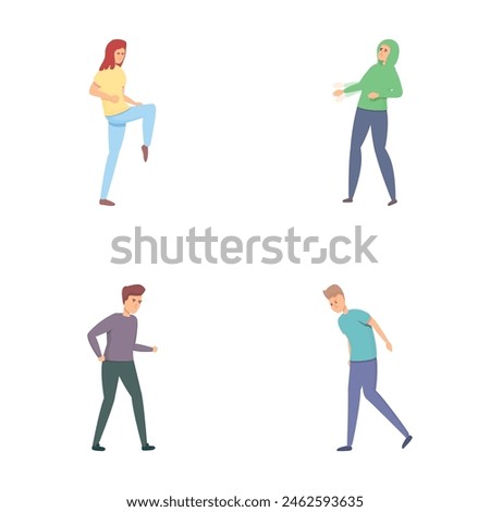Selfdefense technique icons set cartoon vector. Character defends from attack. Aggression concept
