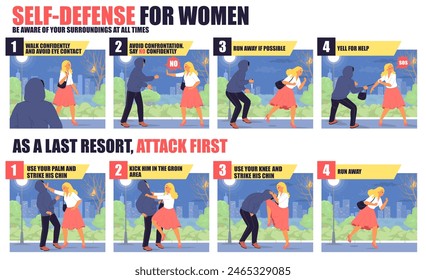 Self-defense techniques for woman, as last resort attack first infographics