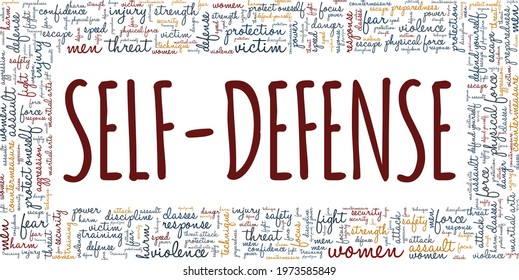 Self-defense vector illustration word cloud isolated on a white background.