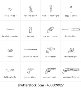 The self-defense weapon icon set on the white background. All of weapons is arranged in order of increasing effectiveness, from safety whistle and pepper spray to folding knife, pistol and shotgun.