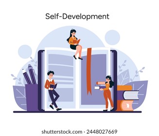 Self-Development concept. Individuals immersed in reading and sharing knowledge amidst a backdrop of giant books, symbolizing continuous learning and personal growth. Vector illustration