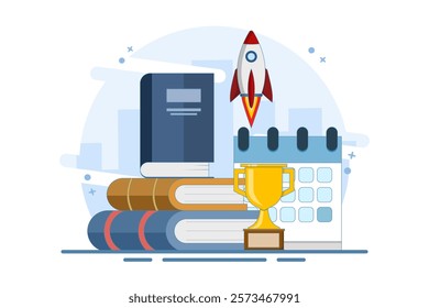 Self-development concept. Skills improvement. Self-study, online education, e-books, distance learning. Goal achievement. Modern flat cartoon style. Vector illustration on background.