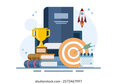 Self-development concept. Skills improvement. Self-study, online education, e-books, distance learning. Goal achievement. Modern flat cartoon style. Vector illustration on background.