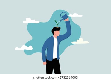Self-development, growth mindset, positive attitude to learn new knowledge, problem-solving concepts, a smart business learner uses a watering can water the seedlings growing above his head.