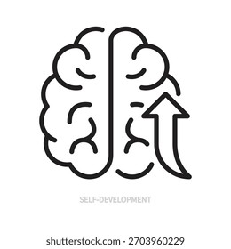 Icono de línea de autodesarrollo. Signo negro. Cerebro humano, anatomía, símbolo de flecha arriba. Concepto de valor central. Ilustración vectorial. Trazo editable. Aislado en un fondo blanco.