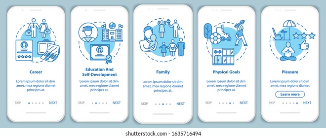 Self-development onboarding mobile app page screen with concepts. Career and recreation. Life building walkthrough 5 steps graphic instructions. UI vector template with RGB color illustrations