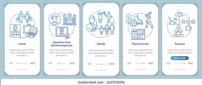 Self-development onboarding mobile app page screen with concepts. Selfcare and healthcare. Life building walkthrough 5 steps graphic instructions. UI vector template with RGB color illustrations