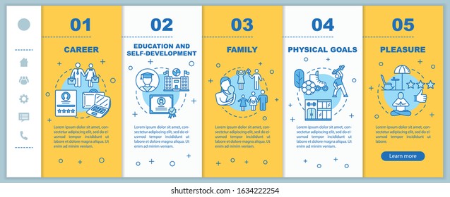 Self-development onboarding vector template. Physical goals. Academic education. Family planning. Responsive mobile website with icons. Webpage walkthrough step screens. RGB color concept