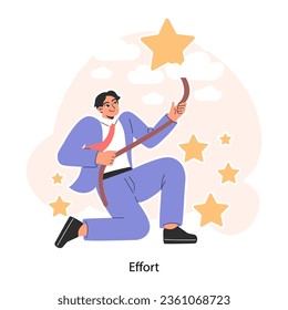 Self-development. Personal growth. Motivation. Ambitious character' persistence and responsibility towards a goal. Success in challenges overcoming, inspirational progress. Flat vector illustration