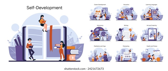 Self-Development set. Lifelong learning and personal growth scenes. Career advancement, language mastery, creative expression. Diverse study and wellness activities. Vector illustration