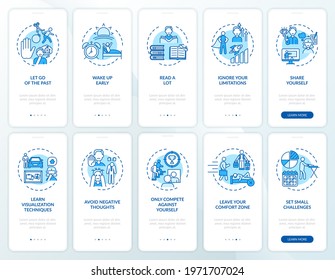 Self-development tips blue onboarding mobile app page screen with concepts set. Personal challenge walkthrough 5 steps graphic instructions. UI, UX, GUI vector template with linear color illustrations