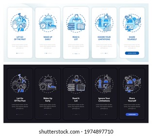 Self-development tips onboarding mobile app page screen with concepts. Improvment walkthrough 5 steps graphic instructions. UI, UX, GUI vector template with linear night and day mode illustrations