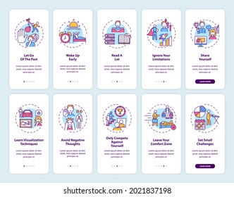 Self-development tips onboarding mobile app page screen with concepts set. Personal challenge walkthrough 5 steps graphic instructions. UI, UX, GUI vector template with linear color illustrations