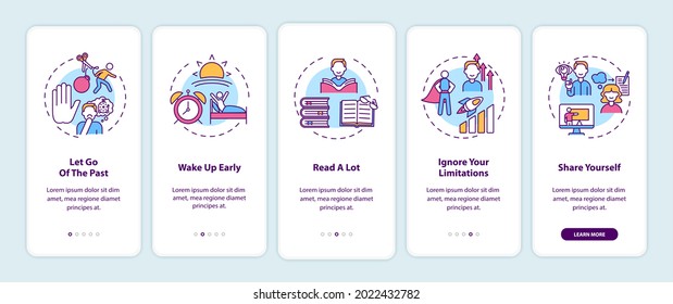 Self-development tips onboarding mobile app page screen with concepts. Improving yourself walkthrough 5 steps graphic instructions. UI, UX, GUI vector template with linear color illustrations