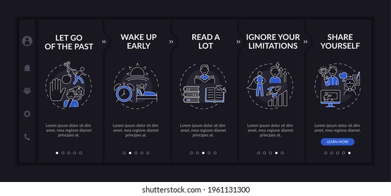 Self-development tips onboarding vector template. Responsive mobile website with icons. Web page walkthrough 5 step screens. Personal improvement dark mode concept with linear illustrations