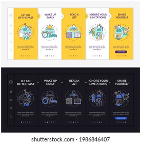 Self-development tips onboarding vector template. Responsive mobile website with icons. Web page walkthrough 5 step screens. Personal improvement dark, light mode concept with linear illustrations