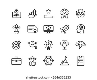 Self-Development Vector Icon Set | Adjustable Line Weight | Achievement, goal, success, education, creativity, inspiration, growth, leadership, brain, target, diploma, rocket, trophy, checklist icons