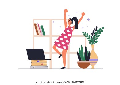 Self-development web concept with people scene in flat design. Young woman gaining her education at home, develops skills and starts business. Vector illustration with character situation for web