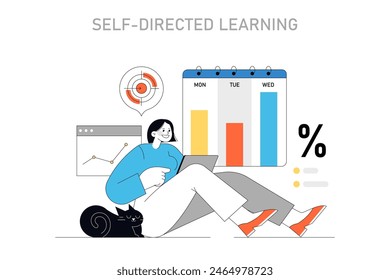 Self-Directed Learning concept. Individual pursuing knowledge autonomously with online resources. Goal-oriented personal education. Vector illustration.
