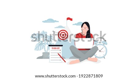 Self-discipline, climbing to the top, studying, and time management concepts. Woman with a laptop. Vector illustration, eps 10