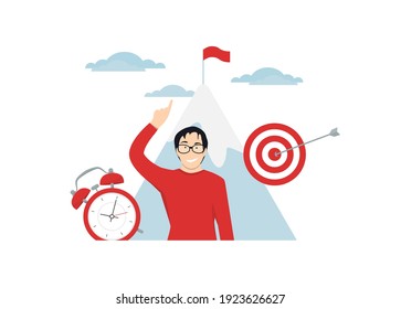 Selbstdisziplin, Klettern zu Top- und Time Management Konzepten. Der Mensch hat eine Idee. Vektorgrafik, eps10