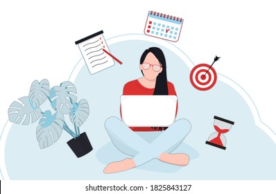 Self-discipline concept. Deal and tasks are completed. Vector illustration flat design. Control management female character. Studing and time management concept