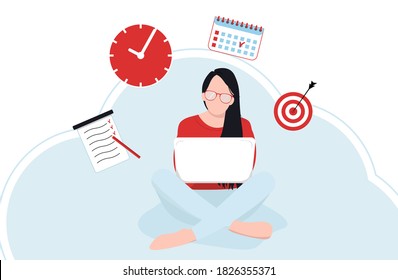 Self-discipline concept. Deal and tasks are completed. Vector illustration flat design. Control management female character. Self-employed and time management concept