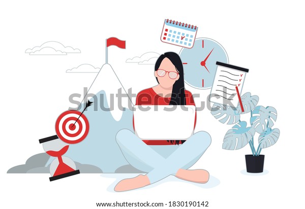 Self-discipline concept.Climbing to the top\
concept. Deal and tasks are completed. Vector illustration flat\
design. Control management female character. Studing and time\
management\
concept