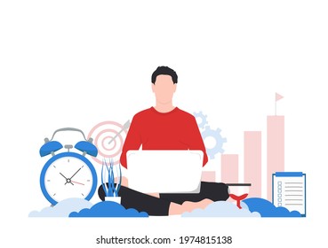 Self-discipline, goal setting and time management concept. Man with a laptop working or studying concept. Vector illustration, eps 10