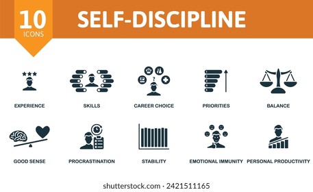 Self-discipline icons set. Creative icons: experience, skills, career choice, priorities, balance, good sense, procrastination, stability, emotional immunity, personal productivity.