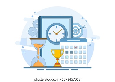 Self-Discipline and Motivation Implementation Concept. Time management, self-management, self-control, target, productivity metaphor. Modern flat cartoon style. Vector illustration on background.