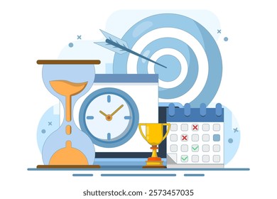 Self-Discipline and Motivation Implementation Concept. Time management, self-management, self-control, target, productivity metaphor. Modern flat cartoon style. Vector illustration on background.