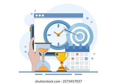 Self-Discipline and Motivation Implementation Concept. Time management, self-management, self-control, target, productivity metaphor. Modern flat cartoon style. Vector illustration on background.