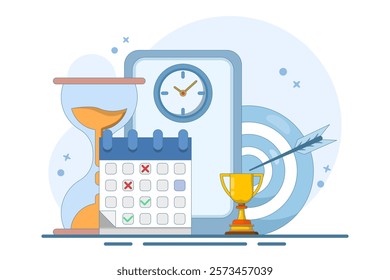 Self-Discipline and Motivation Implementation Concept. Time management, self-management, self-control, target, productivity metaphor. Modern flat cartoon style. Vector illustration on background.