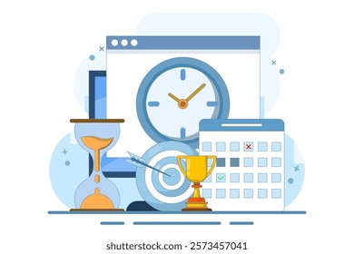 Self-Discipline and Motivation Implementation Concept. Time management, self-management, self-control, target, productivity metaphor. Modern flat cartoon style. Vector illustration on background.