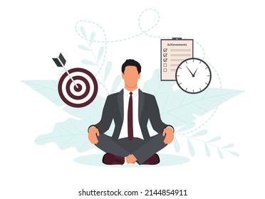 Self-discipline or self-control concept, achievement business target, time management concept, businessman meditate. Vector illustration