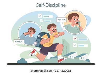 Self-discipline skill. Little child with a strict daily schedule. Good time management and organization learning. Responsibility and motivation for future career building. Flat vector illustration