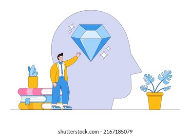 Self-discovery, Finding Yourself Searching For Self Value, Success Dream, Meaning Of Life, Exploration, Inner Or Inside Concepts. Happy Businessman Succeed Finding Valuable Diamond Inside His Head.