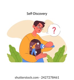 Self-discovery journey concept. Curious young man holding a flashlight, discovering his inner self amidst stars. Exploration of identity, self-search, questioning. Flat vector illustration