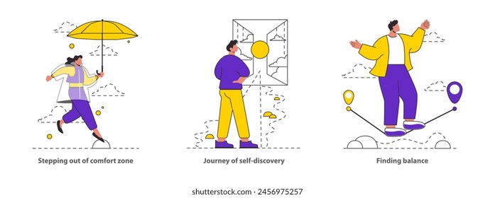 El viaje de autodescubrimiento estableció Ilustraciones de aventurarse más allá de la comodidad, el autodescubrimiento reflexivo y alcanzar el equilibrio