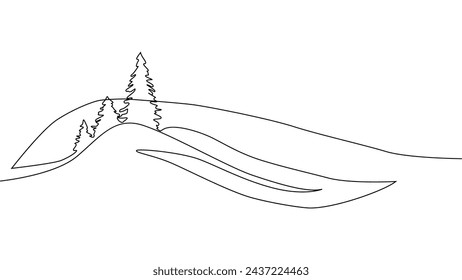 Self-drawing a simple animation of one continuous drawing of one line of Christmas trees, forests on the background