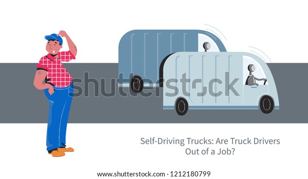 Self-driving autonomous truck drived by\
robot, truck driver job future problems vector\
concept