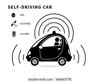 Self-driving car black icon with safety transportstion, smart navigation and no traffic icons. Conceptual symbol of intelligent controlled car