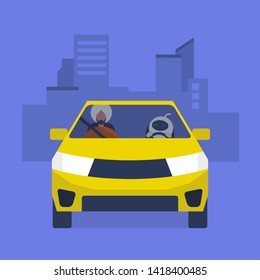 Self-driving car concept. Cute white robot driving a taxi. Young indian male character sitting on a passenger seat.
